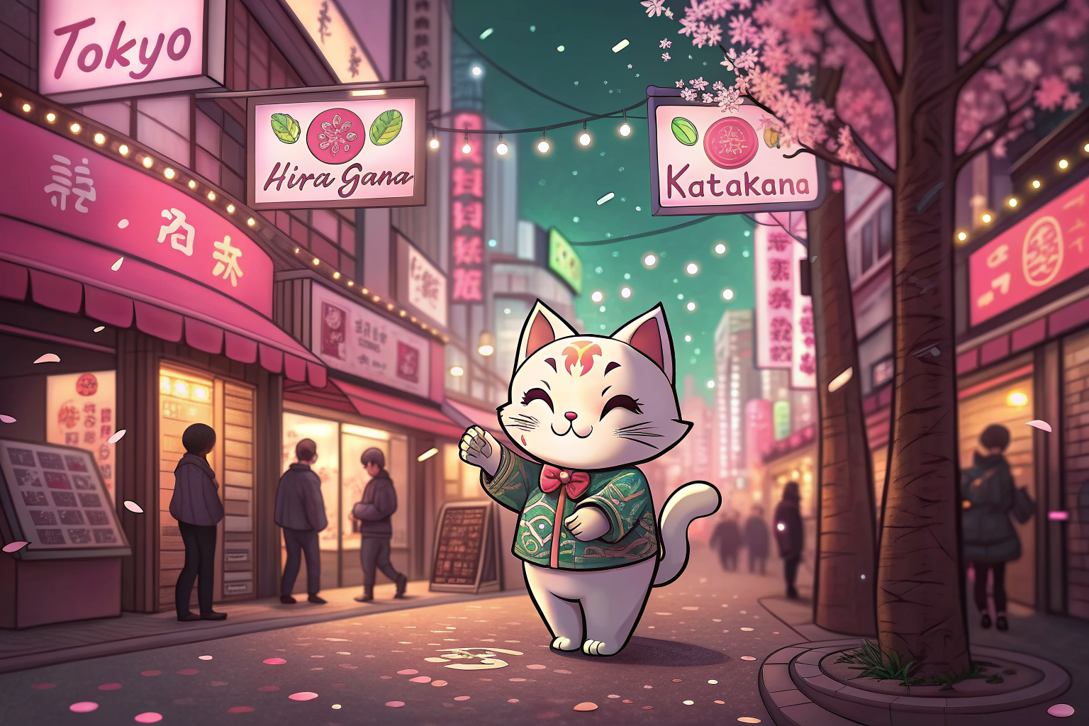 Vibrant neon Tokyo street illustration with a kawaii mascot cat, hiragana and katakana shop signs